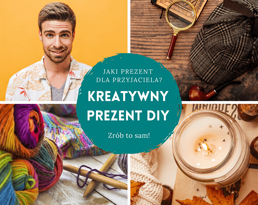 Kolaż - drobne i symboliczne upominki DIY: świeca sojowa, escape room, ręcznie robiony szalik